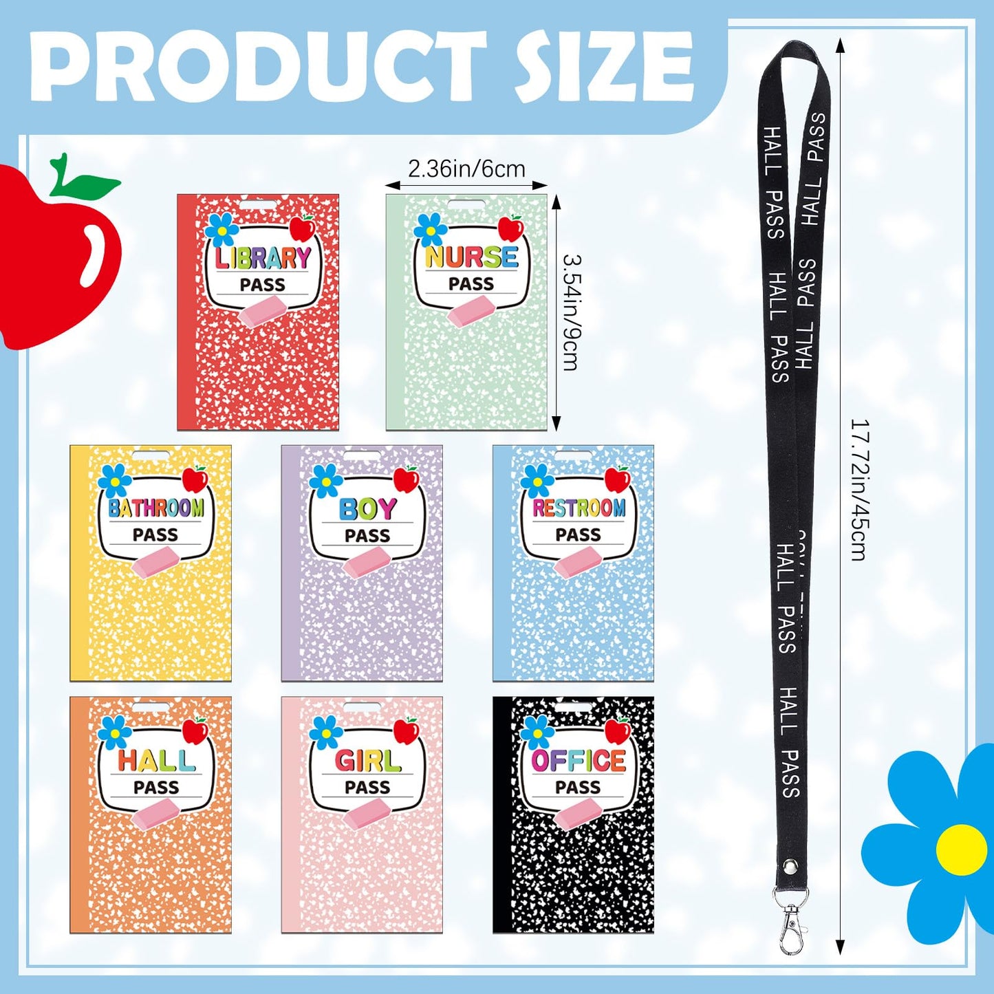 Fuyoooo 16 Set Colorful Composition Notebook Hall Pass Lanyards Unbreakable PVC Rainbow Classroom Passes with Lanyards Bathroom Boy Girl Library Hall Office Nurse Pass 2.4 x 3.5