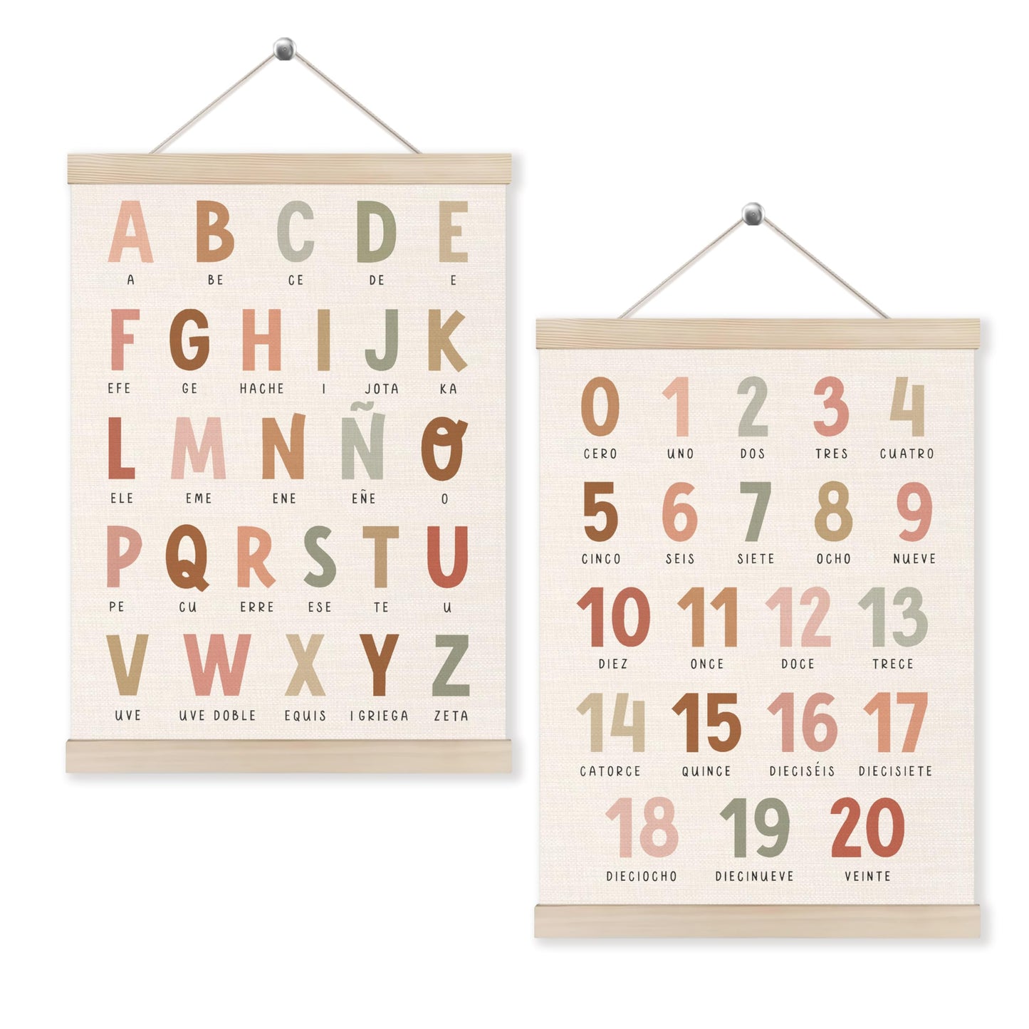Alphabet Numbers Poster Hanger Frame Set of 2, Nursery Wall Decor, Boho ABC Poster Wall Art with Wooden Frames, Alphabet Banner Wall Hanging Decor for Boy Toddler Room Playroom, 12x16 Inch