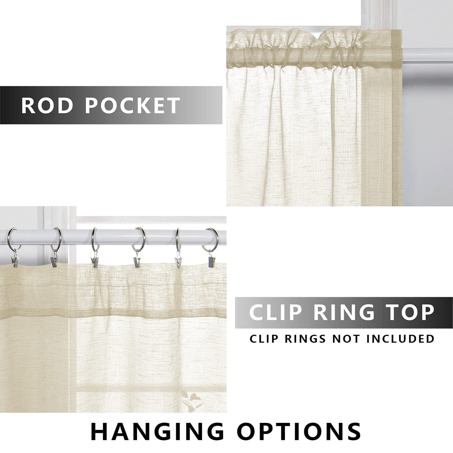 KOUFALL Beige Sheer Curtains 96 Inches Long 2 Panel Set,Cream Tan Rod Pocket Linen Look Neutral Curtains for Living Room Bedroom