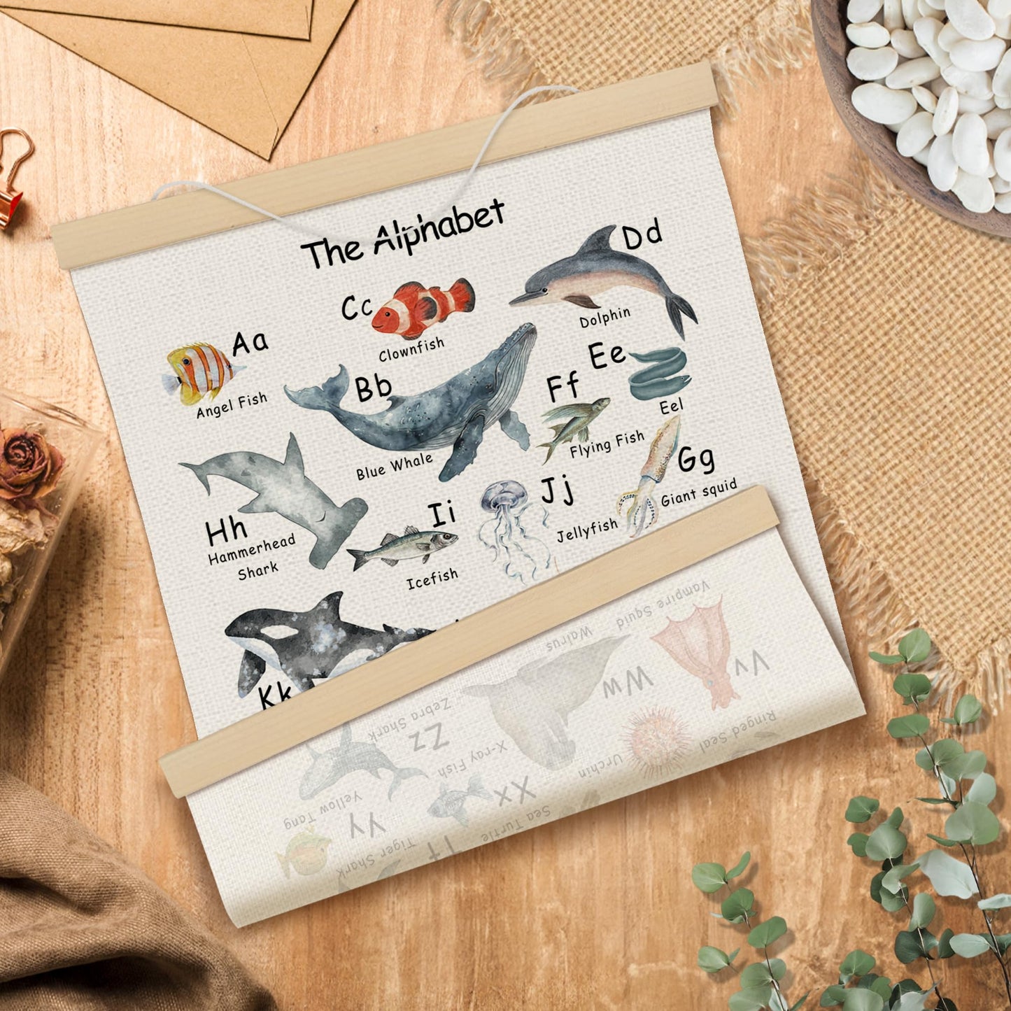 MOTERMATE Ocean Animal Alphabet Numbers Nursery Poster Hanger Frame, Educational Wall Hanging Decor Art Framed for Kids Toddler Room Bedroom Classroom, Nursery Wall Poster Prints, 12x16 Inch Set of 2