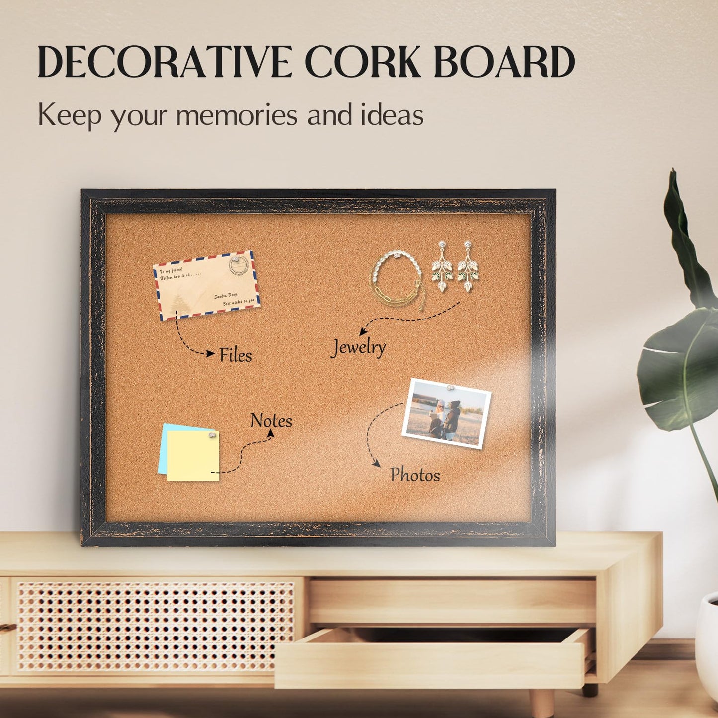 QUEENLINK Cork Bulletin Board 36" x 24", Wall Mounted Cork Board with Black Rustic Wooden Frame, Decorative Pin Board for Office, Home & Classroom Decor, White