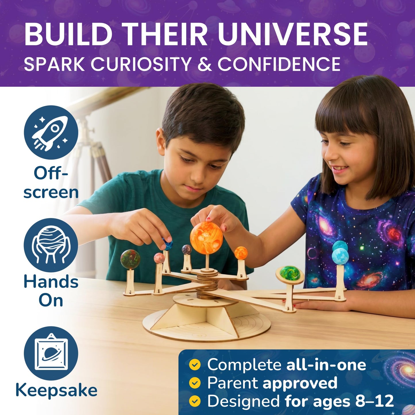 Nine Planets DIY Solar System Model for Kids - Complete Solar System Kit for Kids 8+ Years Old - Includes Wood Model & Puzzle with Fact Cards - Science Kits for 8-12 Years Old