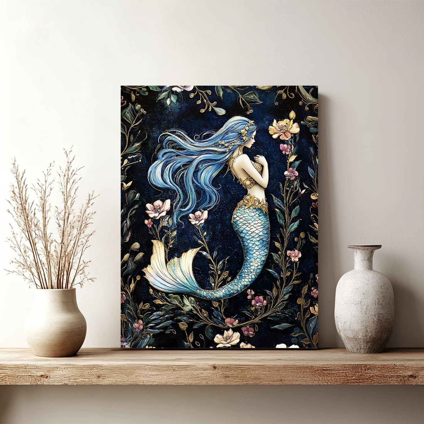 Mermaid Wall Art, Floral Pictures Wall Decor, Retro Mermaid Canvas Prints Painting, Framed Artwork for Bathroom Bedroom Living Room Girl's Room Office Home Decoration 12x16