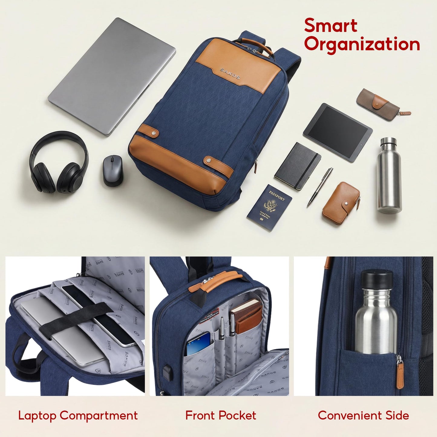 SAKOS Matura 15.6 inch Laptop Backpack with USB Charging Port, Professional Luggage Backpack Carry on Flight - TSA Approved, Water Resistant Backpack for Men & Women with Laptop Compartment - Blue