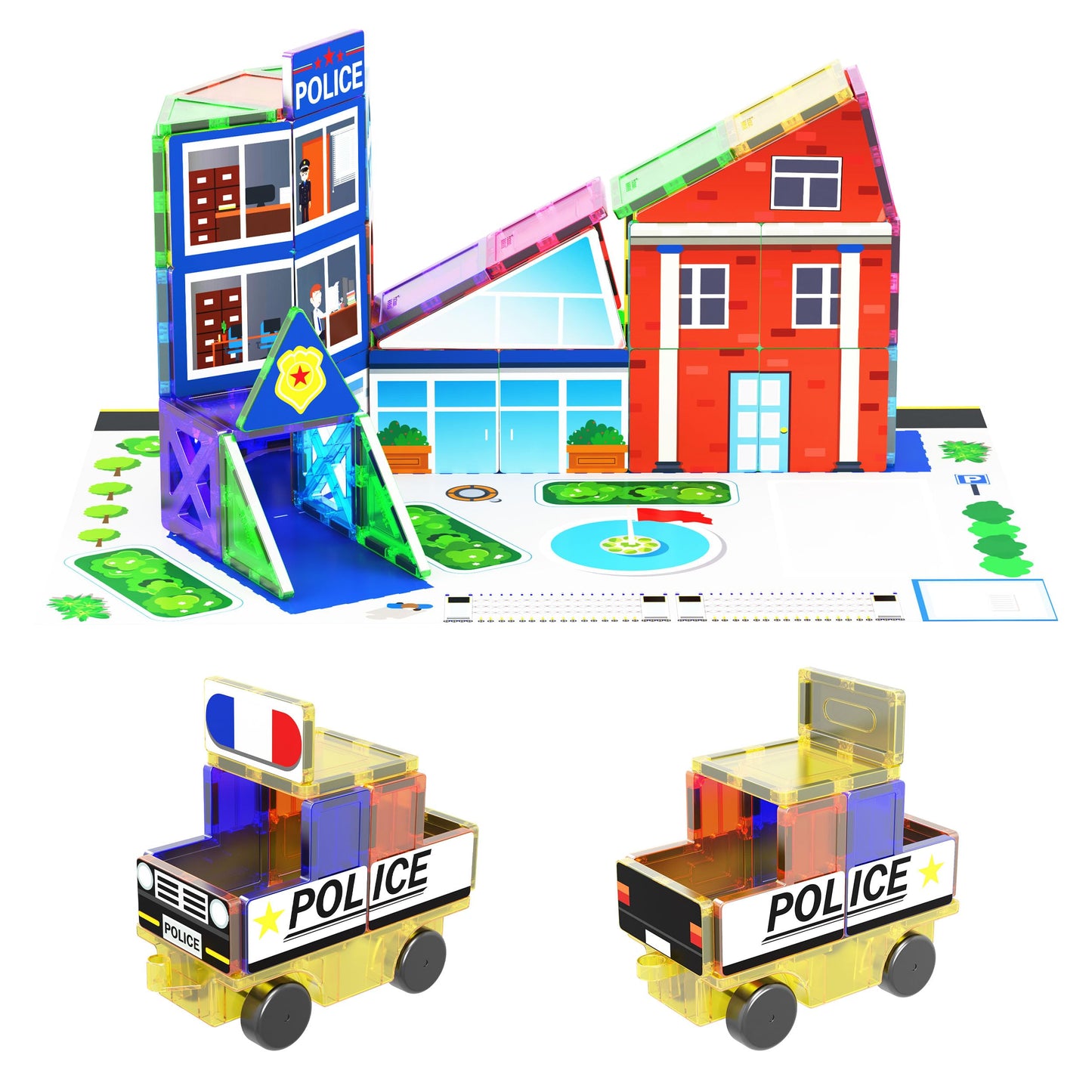 PicassoTiles 3-in-1 Theme Set School Hospital Police Station Magnet Self Adhesive Backing Stick-On Sheet Combo w/Car Magnet Building Block Playset STEM Learning Construction Brain Development Kit