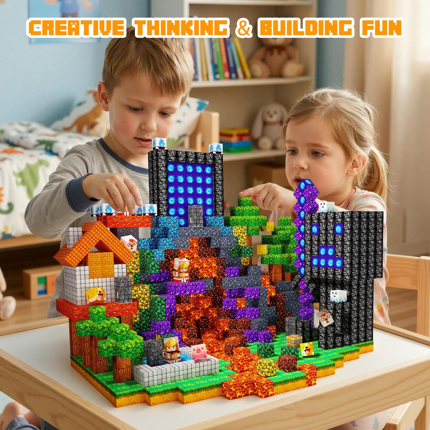 Lukoca Magnetic Building Blocks STEM Toy for Kids 3+ Toddler Educational Construction Gift for Boys & Girls (Inferno Forest Adventure-200pcs)
