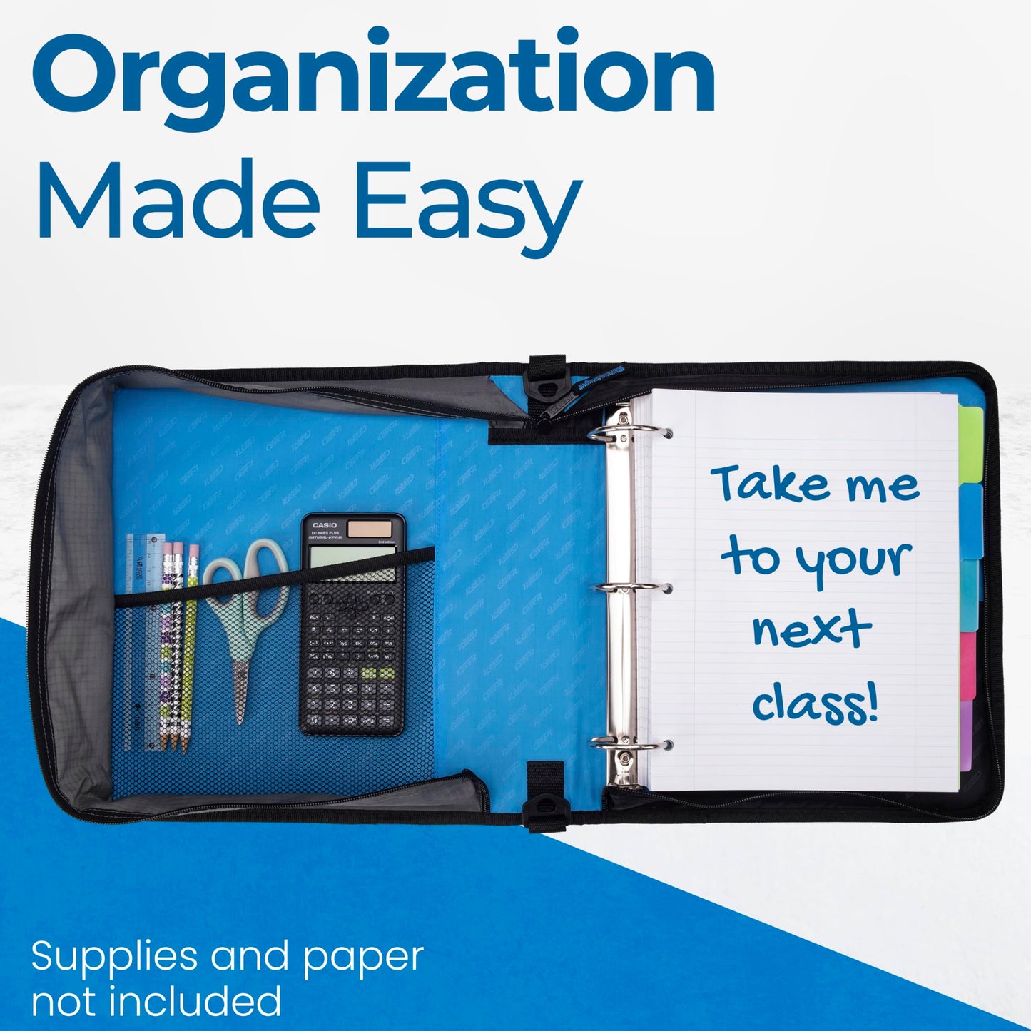 Case-it Classic Zipper Binder | 2-Inch O-Rings, 350 Sheet Capacity, Multiple Storage Pockets & Shoulder Strap | School & Office Organizer | D-251 Denim Blue