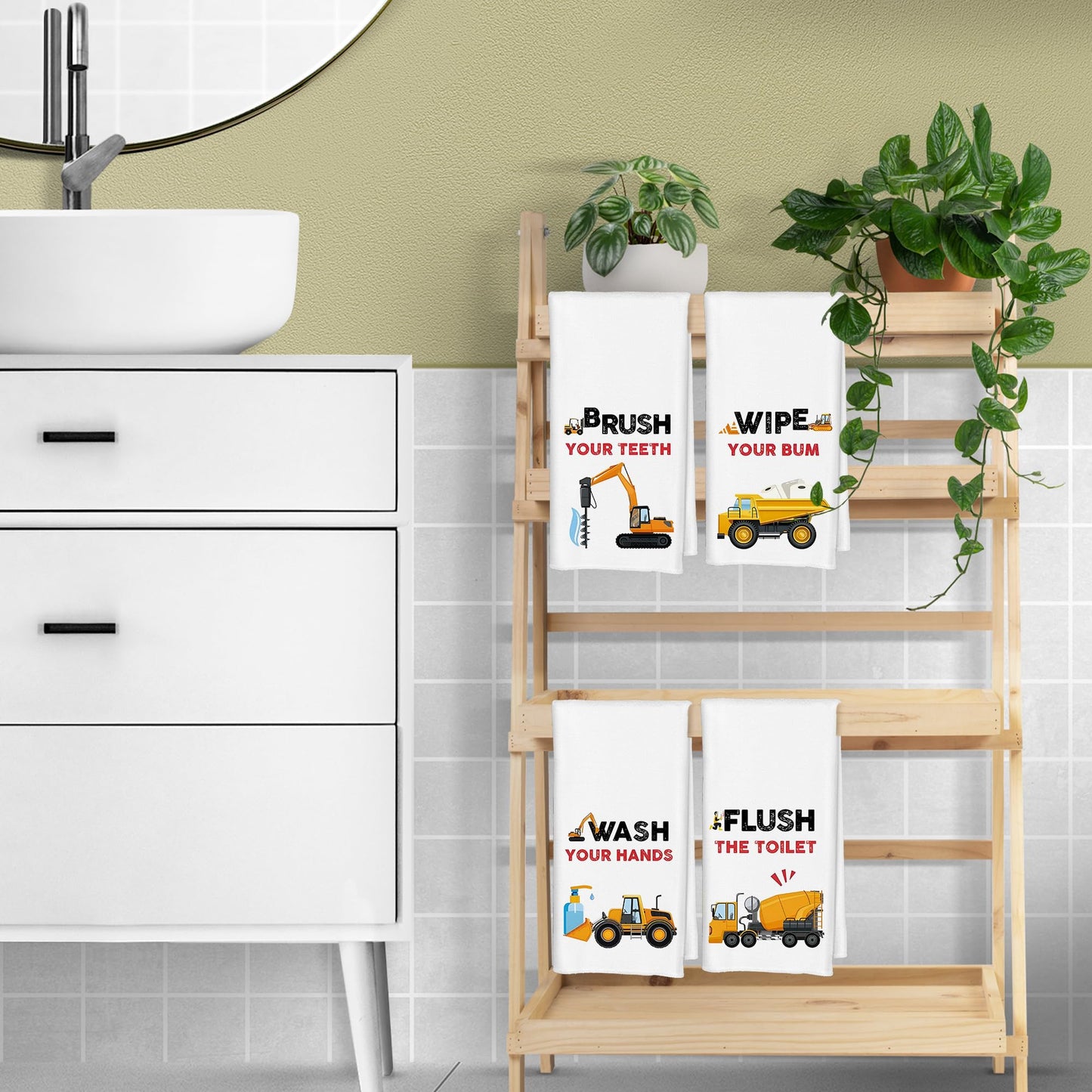 CIOJUNE Kids Construction Decor, Truck Towels for Kids Bath Towels 16x24 Bathroom Decor Sets of 4 - Wash Your Hands Toddler Boys Girls Bathroom Decor