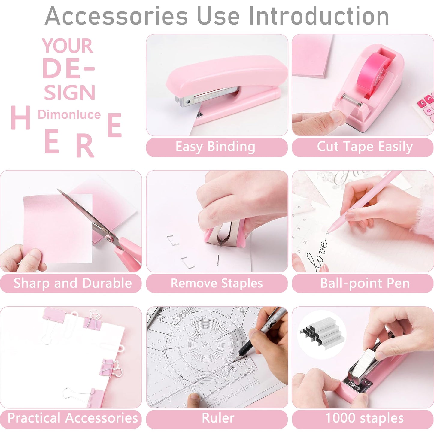 Pink Desk Accessories, Pink Office Supplies Accessories with Tape Dispenser, Stapler, Staple Remover, 1000 Staples, Tape, Clips Set, Ruler, Scissor, Pen
