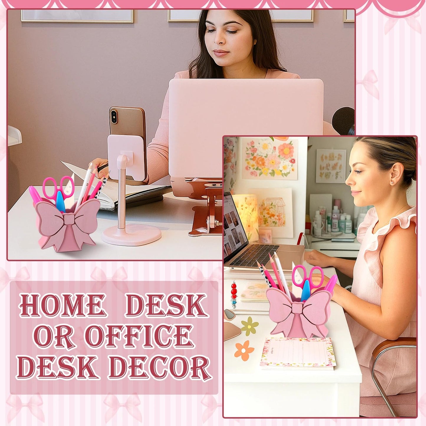 Tenceur Pink Pen Holder for Desk Large Capacity Pink Bow Pencil Holder Coquette School Supplies Set Desk Organizer Cute Bow Office Decor Makeup Brush Holders Funny Back to School Gift for Women