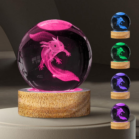 3D Crystal Ball Night Light with 16 Colors - Unique 60mm Axolotl Figurine Glass Ball Lamp with Remote - Cool Axolotl Toy, Room, Desk Decor - Birthday & Christmas Gifts for Boys, Girls, Kids & Friends