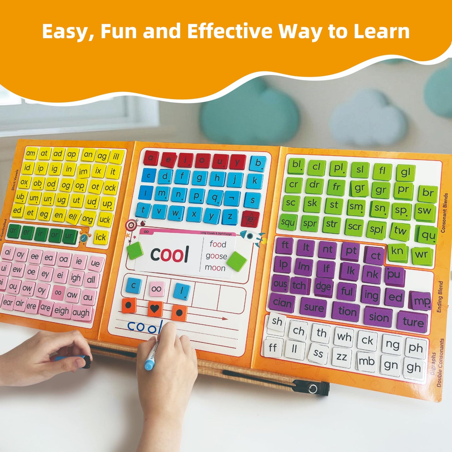 Phonics Word Building Magnetic Tiles Set Phonics Manipulatives Magnetic Letter Tiles Phonemic Awareness Science of Reading Educational Learning Kit with 239 Foam Tiles, 90 Flash Cards, Magnetic Folder