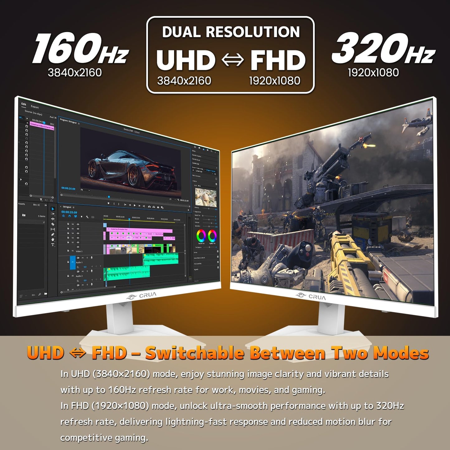 CRUA 27'' 4K Gaming Monitor, UHD 160Hz / FHD 320Hz Dual Mode IPS White Computer Monitors, Rotating/Pivot & Height-Adjustable, AMD FreeSync, Built-in Speakers, PIP/PBP, HDMI 2.1 & DP 1.4