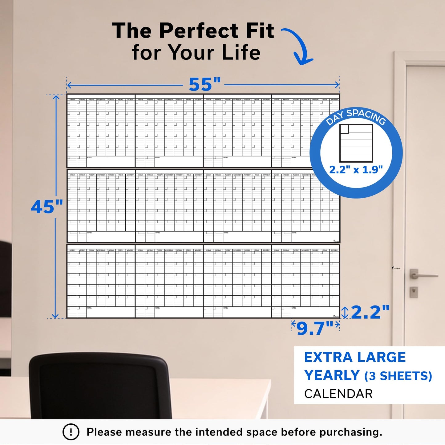 Dry Erase Year Calendar for Wall 45x55, Family Office Undated Yearly Annual Large, 12 Giant Erasable Month Wall Classroom, Rolled Whiteboard White Board, for Calendar Dry Planner Erase Reusable