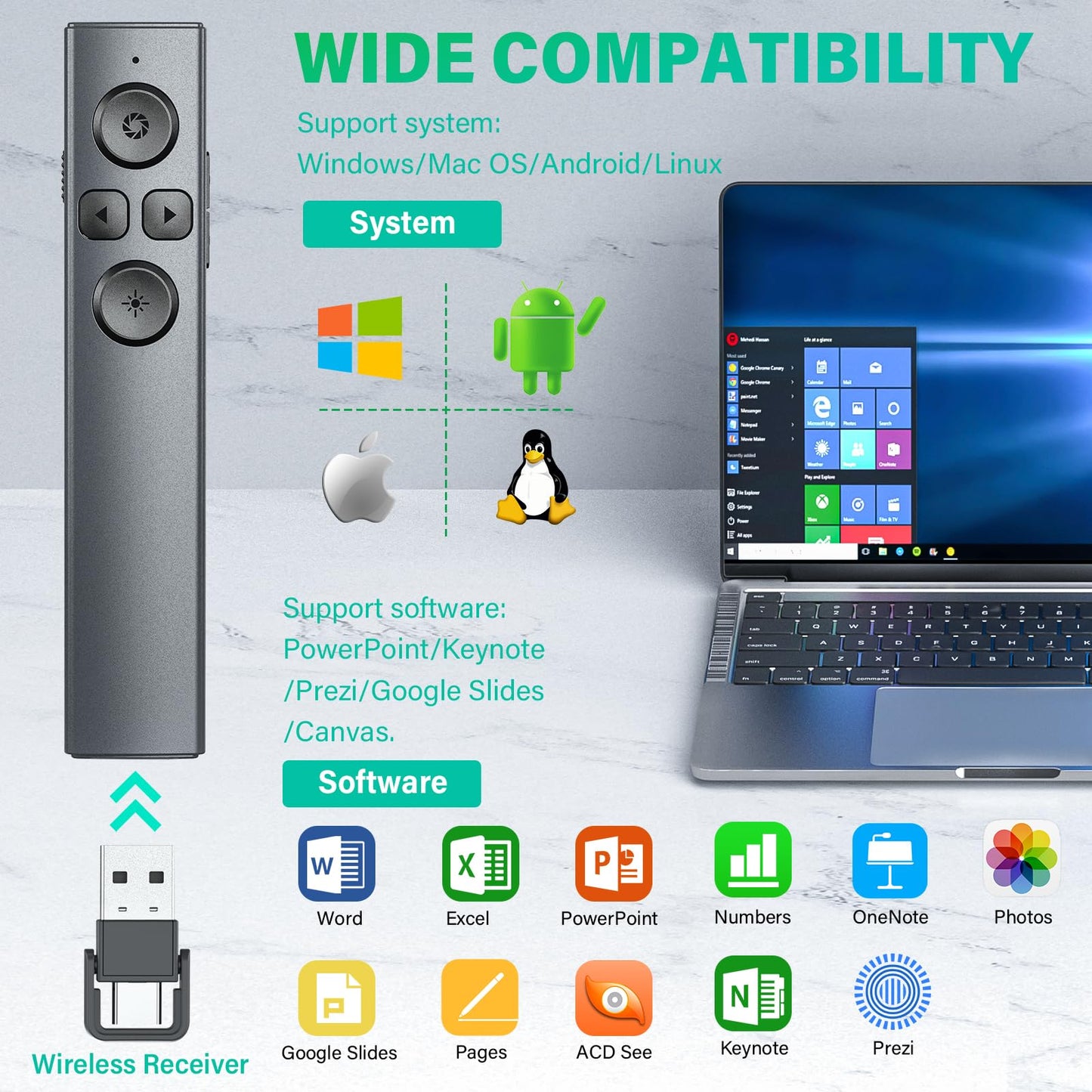 2 in 1 USB Type C Presentation Clicker, Rechargeable Presentation Clicker Wireless Presenter Remote Clicker, 2.4GHz Clicker for Powerpoint Presentations, Google Slide Advancer