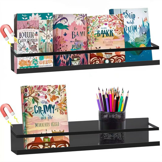 VANPET Metal Magnetic Book Shelf for Whiteboard, Metal Magnetic Bookshelf, Book Display Shelf for Teacher Kids Classroom Office (Black)