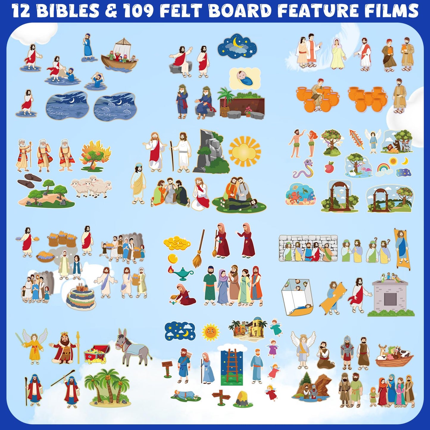 Windkream 12 Set Felt Board Stories Pieces Set Felt Animals Bible Fairy Tales for Preschool Animals Figures Flannel Board Stories for Toddlers Preschool Kindergarten Storytelling(Religious)