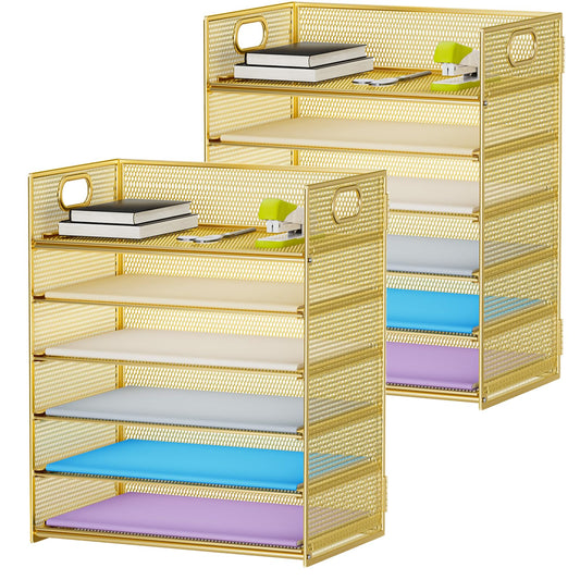 Marbrasse 2 Pack Desk Organizer with Handle, 6 Tier Paper Letter Tray, Mesh Desk File Organizer for Office, School and Home - Gold