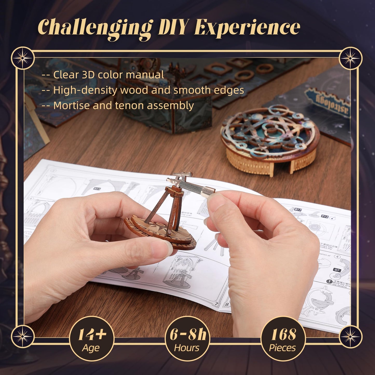 FUNPOLA 3D Wood Puzzle Book Nook Kit, Astrology Star Map Bookshelf Insert with LED Lights, DIY Celestial Miniature Bookend Décor for Display, Unique Craft Gift for Adults and Teens (Astrology)