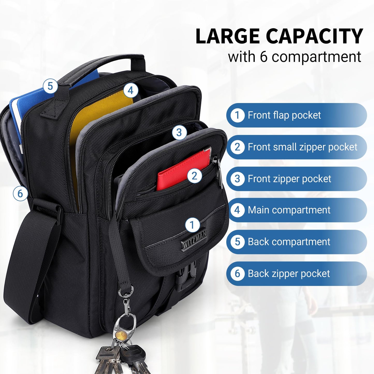 WITZMAN Crossbody Bags for Men Travel Shoulder Bag Lightweight Man Purse Small Casual Messenger Bag for Work Traveling（B699 Black）