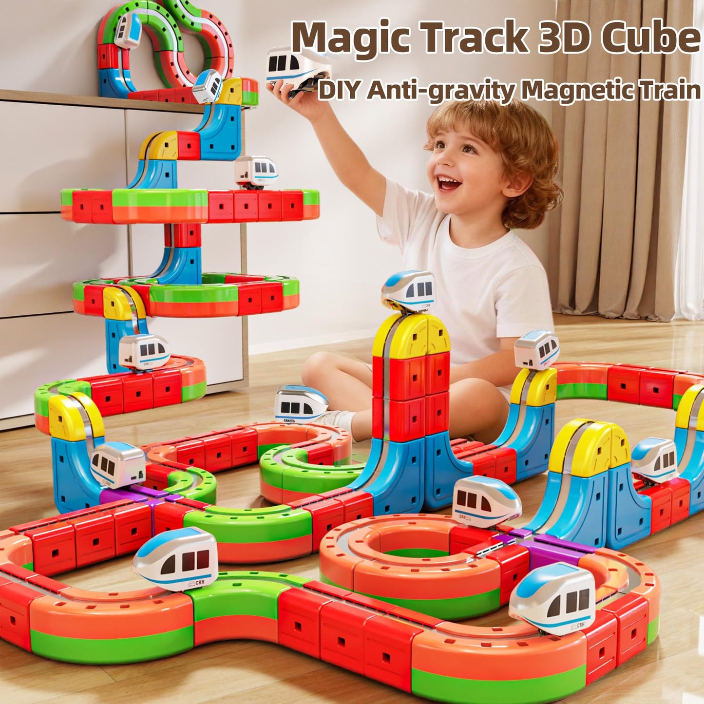 Electric Train Set with 2 Trains, 3D Infinity Train Tracks, DIY Toy Car Track, Modular Building Blocks Freely Assembled, STEM Learning Toy for Kids Toddlers Boys & Girls (2 White Trains)