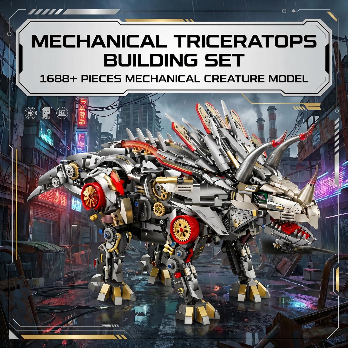 Myth Qholve Mechanical Triceratops Building Set with LED Lights, Engine & Generator, Remote Control Drive, Display Stand, Movable Gears, Large Scale RC Dinosaur Model for Home Office Decor, 1100+PCS