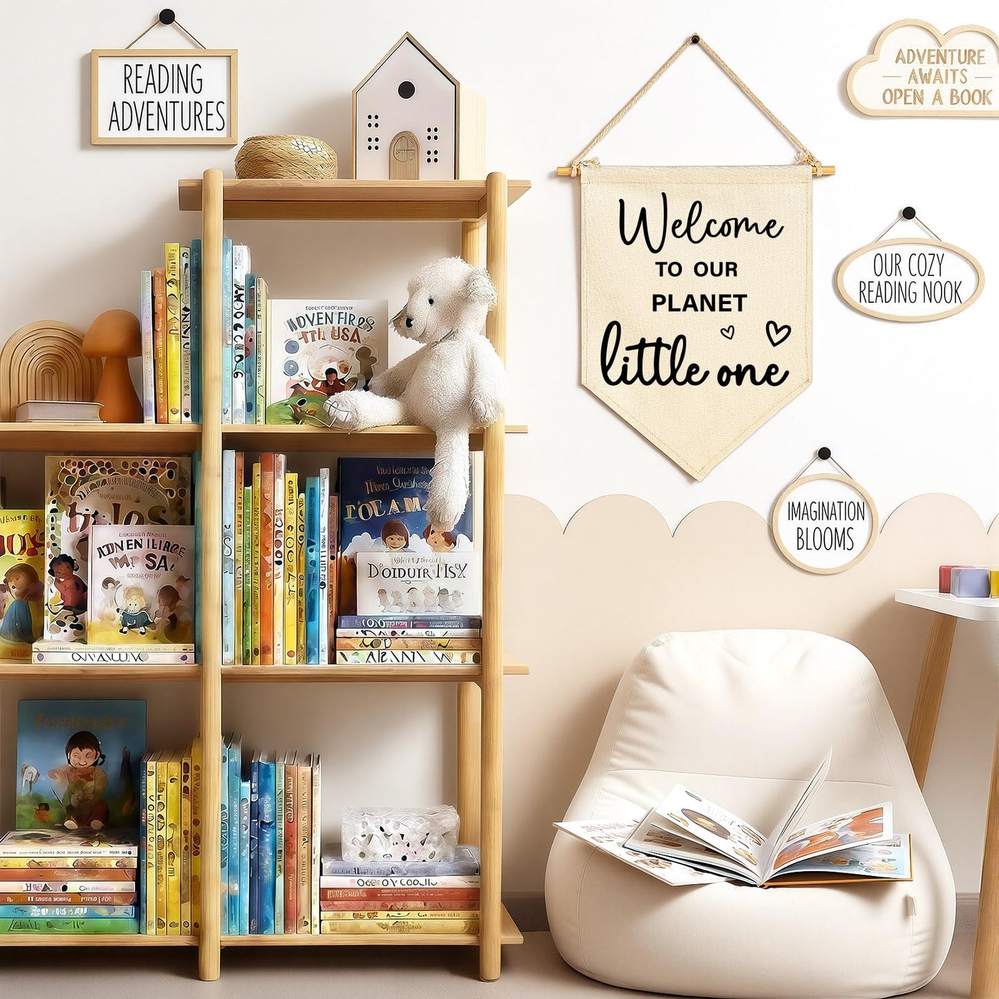 Baby Arrival Gift-Welcome to Our Planet Hello World- Canvas Hanging Pennant Flag Banner Wall Sign Decor Gifts for Nursery Baby Kids Girl Boy Teen Bedroom Playroom Decor- Birthday Christmas Presents