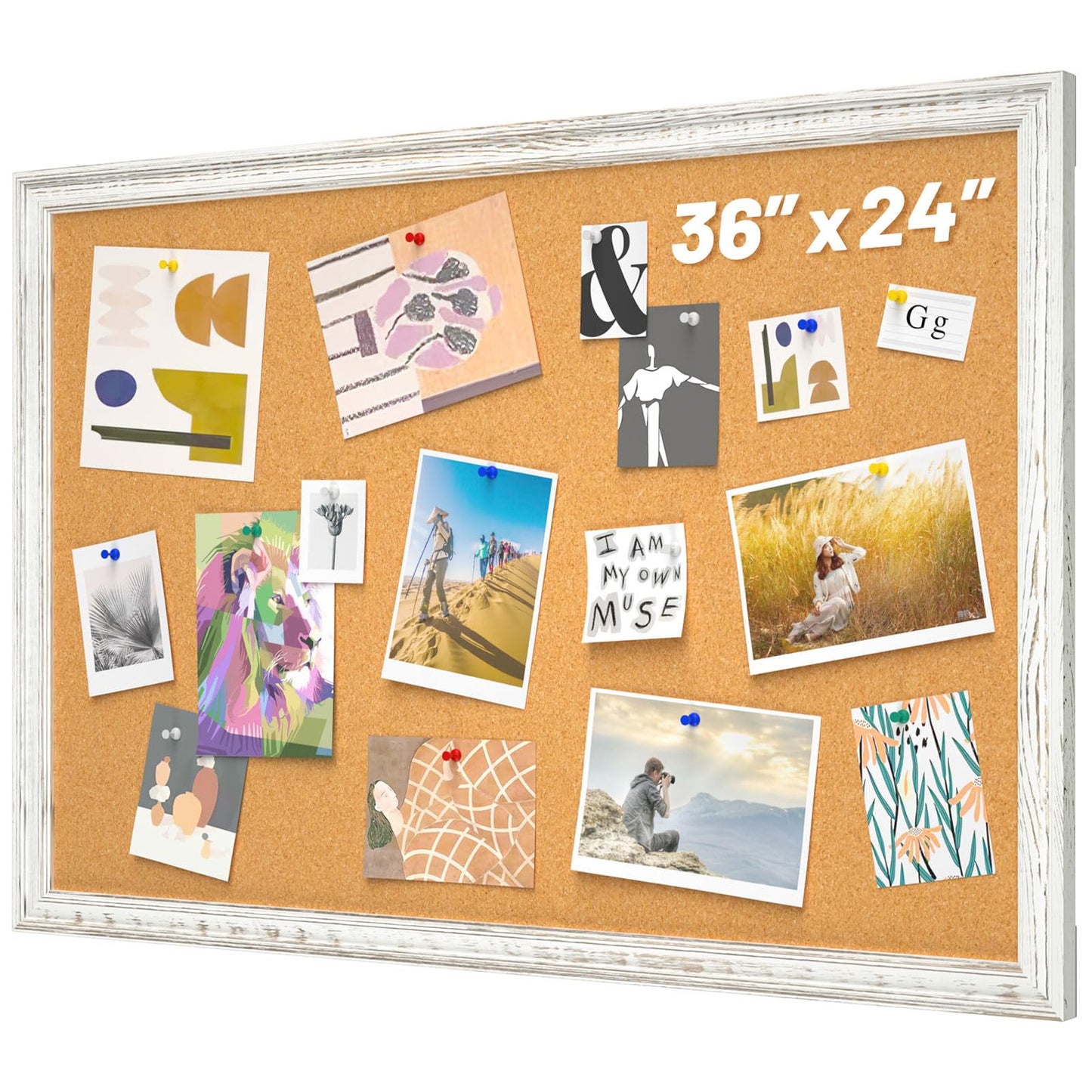 White Cork Board for Wall, 36 x 24 inches Decorative Bulletin Board, Rustic Wooden Frame Pin Board for Office, Dorm, Home Decor