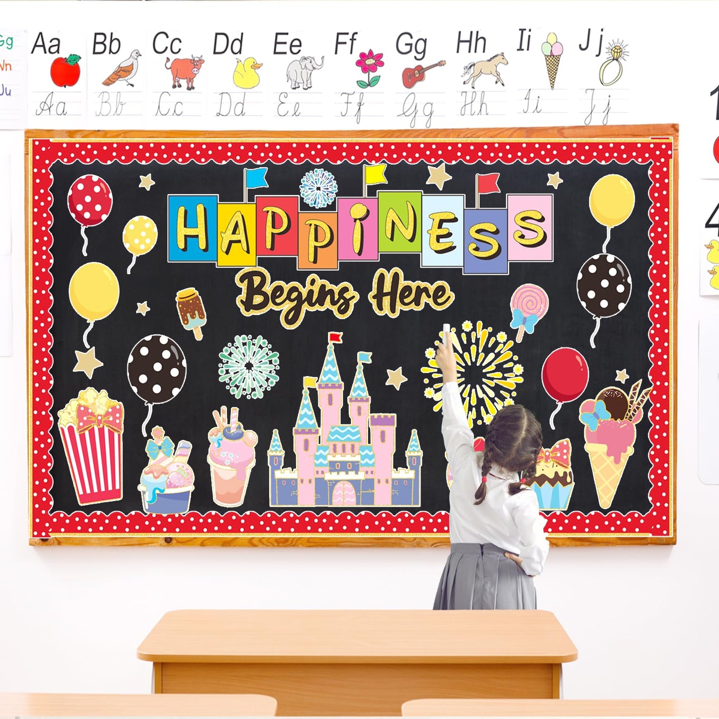 Magic Candy Bulletin Board Decorations Set with Borders Happiness Begins Here Cutouts Decor for Teachers Castle Bulletin Board for Class School Classroom Chalkboard Wall Decor