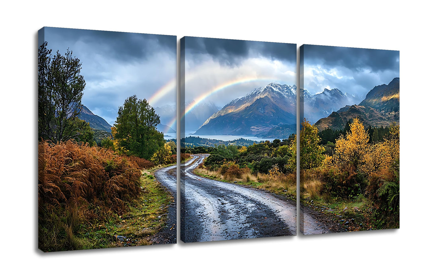 YSPCSUN 3 Panel Landscape Wall Art Mountain Peak Canvas Pictures Vibrant Double Rainbow Nature Painting Framed Scenery Artwork for Dining Room Bedroom Wall Decoration Gifts Idea, 48x24 Inch