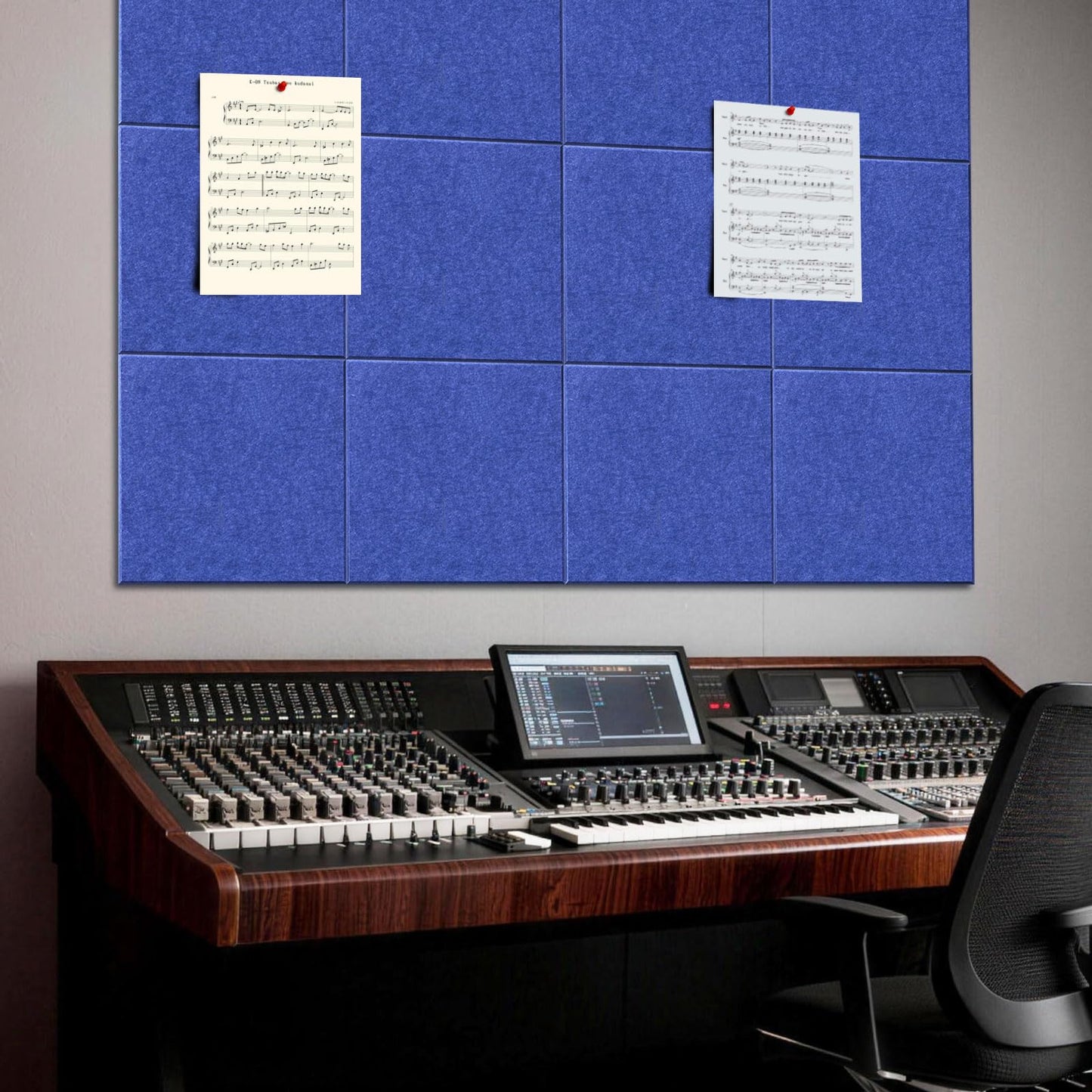 MISSDAY Blue Acoustic Wall Panel Felt Bulletin Board 48" x 36" Cork Board for Wall, 12-Pack Boards with 72 Removable Adhesive Tabs, 50 Pins, Pin Board for Home Office Classroom Soundproof Wall Tile