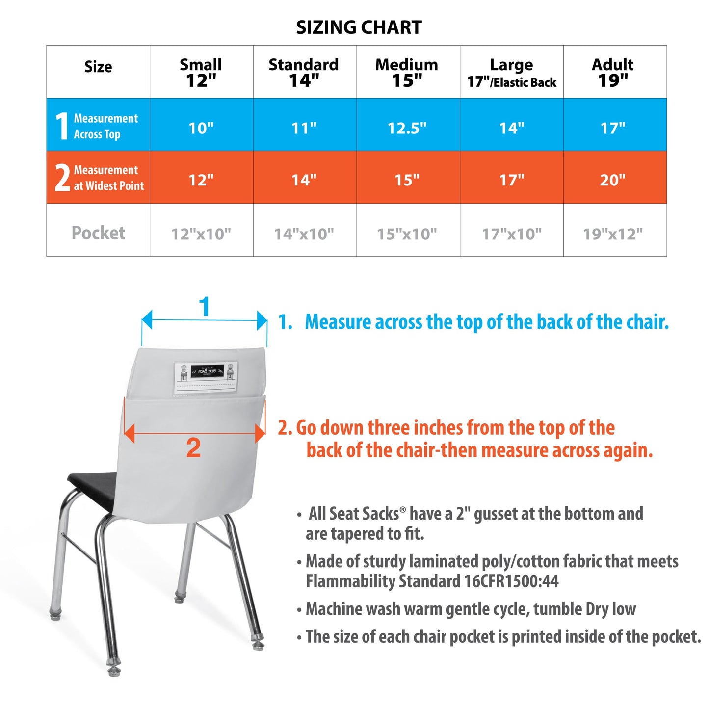 Seat Sack Student Chair Storage Pocket - 12", Classroom Chair Organizer for Student Desks, Durable Over-the-Chair Storage, Green, 1-Pack