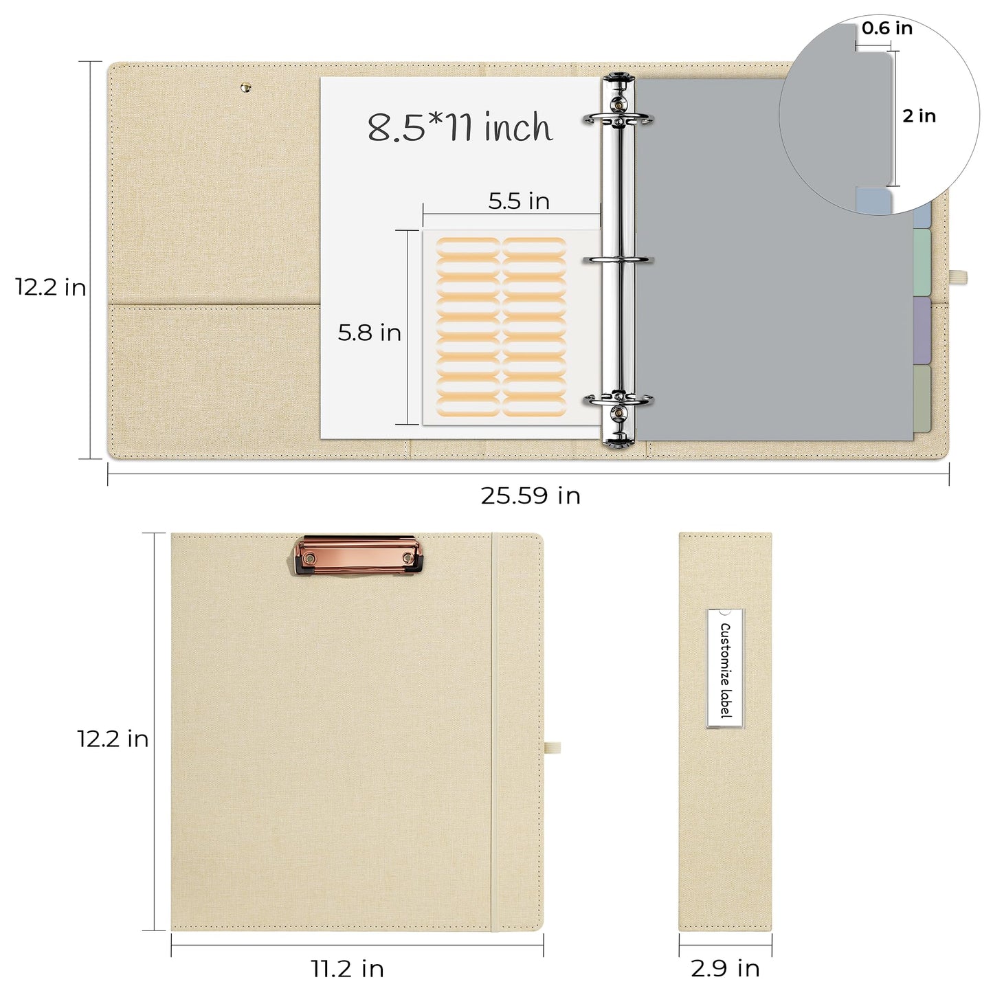 EYROZILL 3 Ring Binder 2 Inch, Binder for Letter Size (11" x 8.5") with 5 Tab Dividers, File Folder Labels and Low Profile Clipboards, Apricot