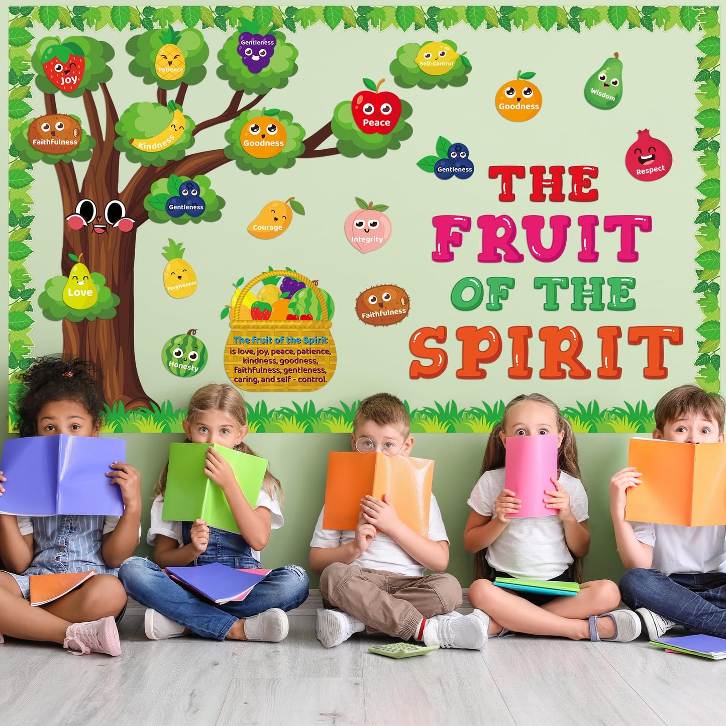 Fruit of The Spirit Bulletin Board Set Christian Classroom Decoration Religious Paper Cutouts Bibles Bulletin Board Border for Church Sunday Back to School Chalkboard Wall Decor Teacher Supplies