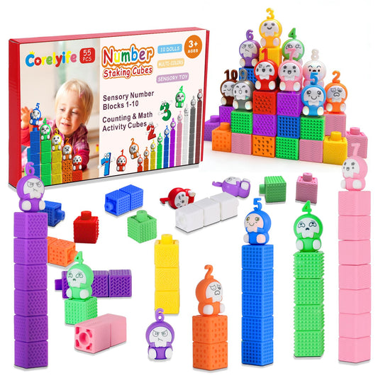 65PCS Sensory Counting Toys for Toddlers | Textured Soft Stacking Cubes for Color & Number Learning | Squeezable Montessori Educational Building Toys, Preschool Learning Activities for Kids Ages 2-5
