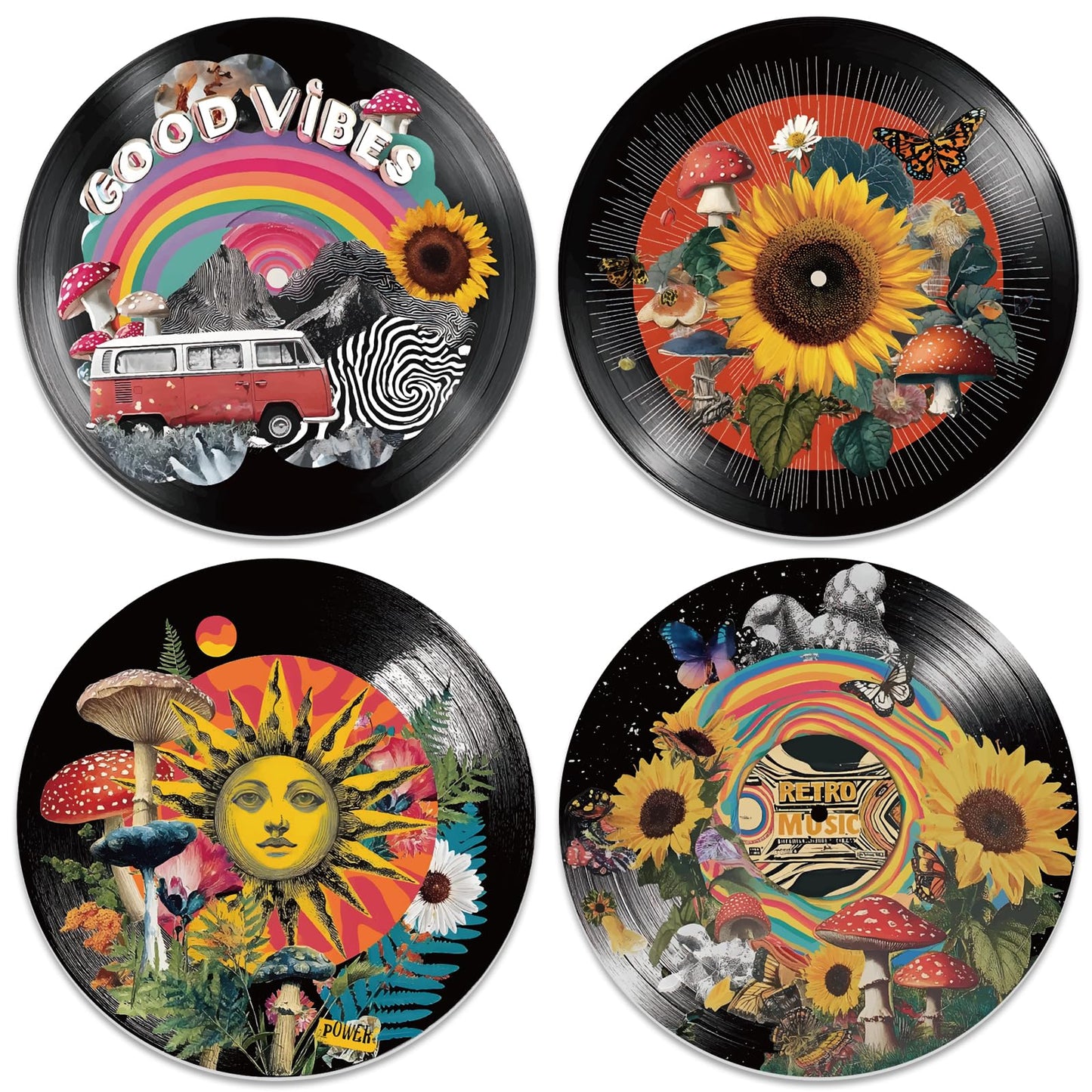 DOODLREAM 4PCS Collage Sunflower Vinyl Record Wall Decor 12" Hippy Mushroom Plant Wall Art Posters for Room Aesthetic, Sun Retro Record Decorations for Music Party Studio Living Room DIY Craft Project