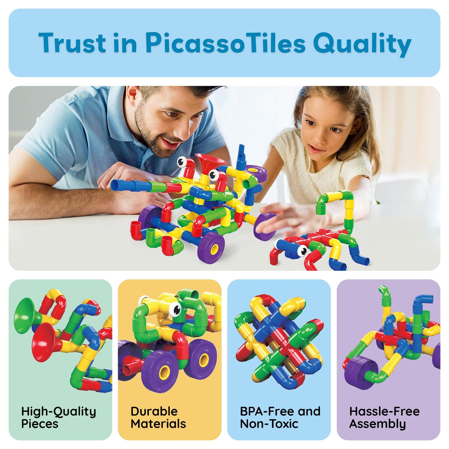 PicassoTiles PTT136 136pcs Tubular Pipes & Spout STEAM Interlocking Educational Building Block Set, Tube Locks, Pipeworks Construction Blocks w/Storage Container Box, Idea Book, Flute Musical Kit