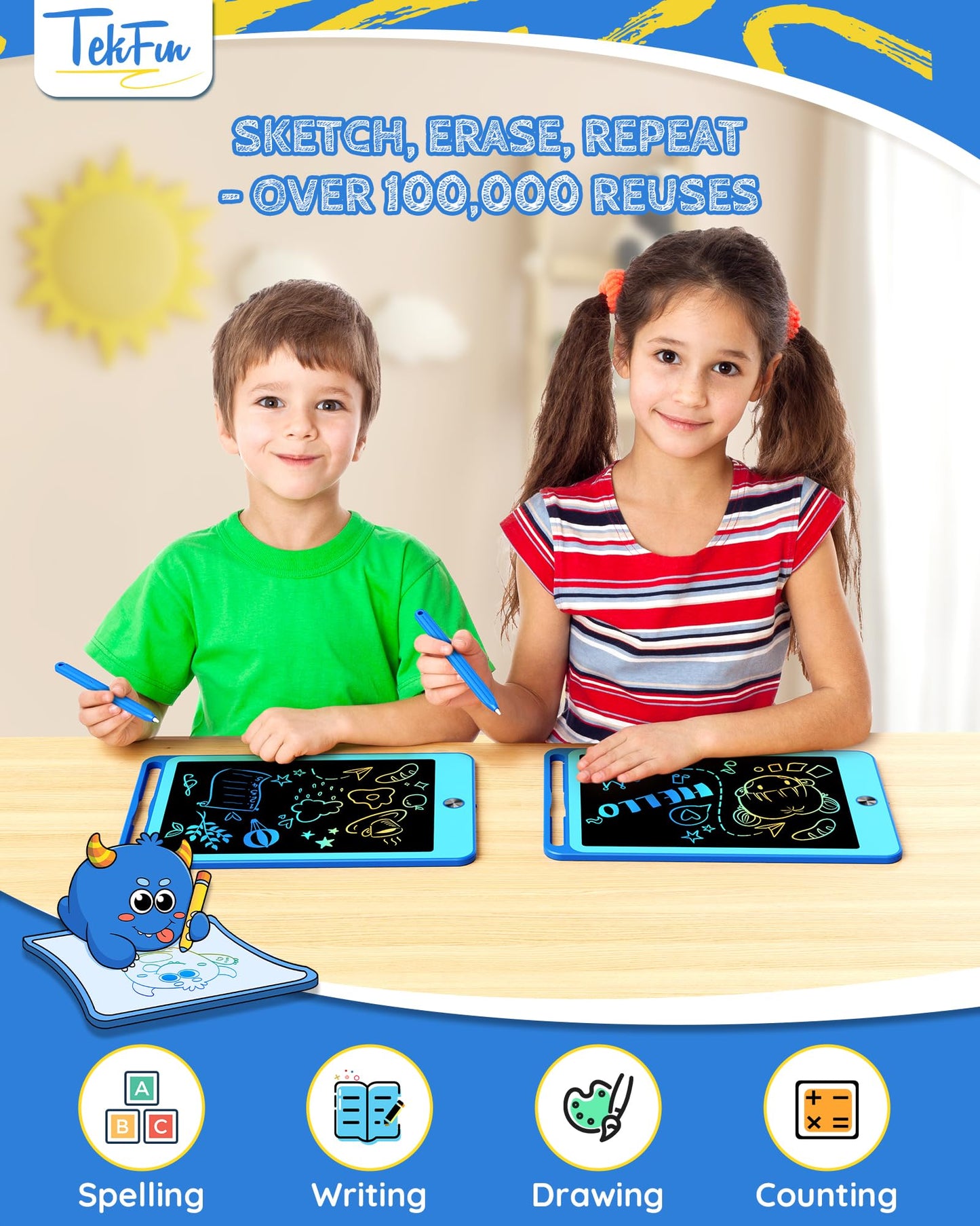 TEKFUN 2 Pack LCD Writing Tablet for Kids, 10 Inch Blue+Blue Doodle Board Drawing Board Reusable Drawing Tablet with Lanyard, Educational Kids Toys Birthday Gift for Boys Girls 3-12 Years Old