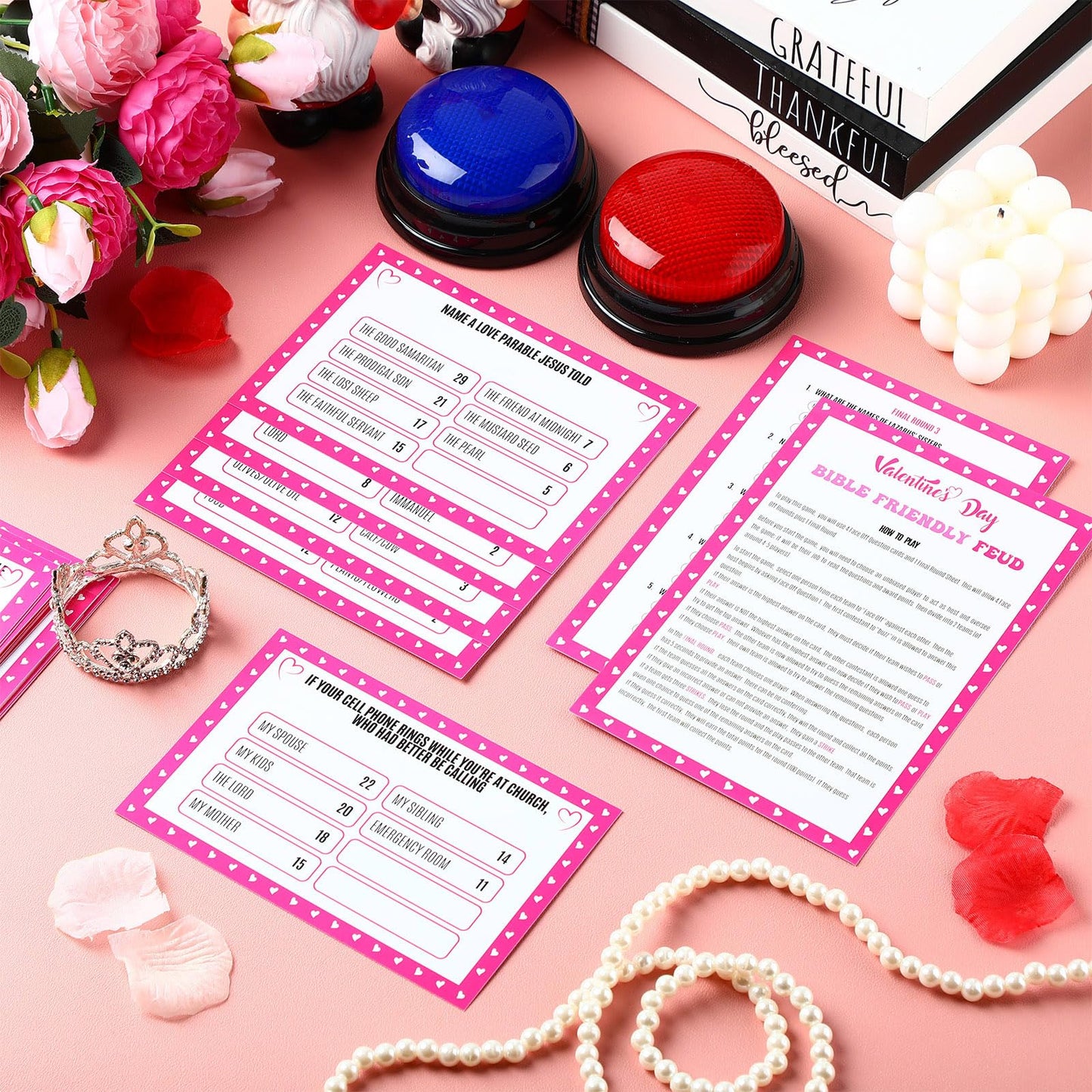 Humyoun Valentine's Day Friendly Feud Game with 2 Game Buzzers, Bible Feud Card Game for Family Game Night Fun Trivia Quiz Game for Party Office Class Groups Team