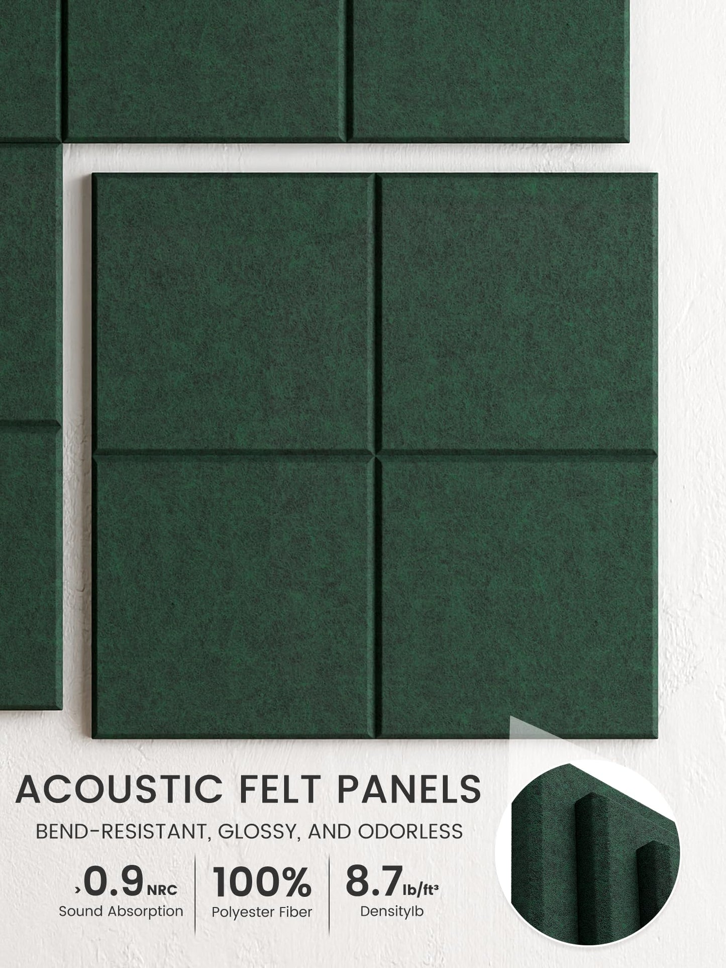 Bumusty Large Felt Bulletin Board, 48" x 36" Cork Board Alternative, 12-Pack Wall Tiles with 4-Compartment Design, 30 Push Pins, 70 Adhesive Tabs, Ideal for Office & Home Decor, Pine Green