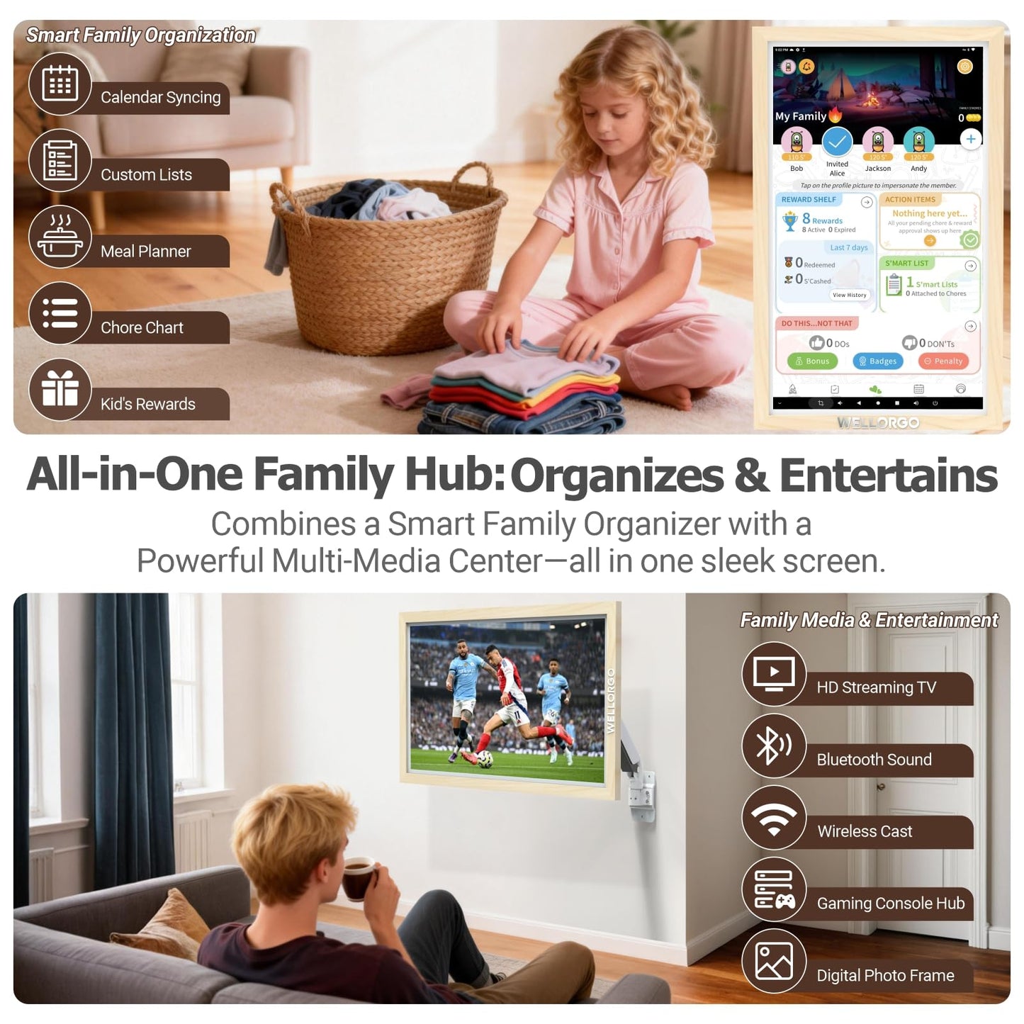 Wellorgo 32" Digital Calendar, Electronic Smart Calendar for wall, Large Family Daily Planner/Chores Chart for Kids, Touch Screen with Remote, Streaming Apps, Adjustable Wall Mount & Picture Frame