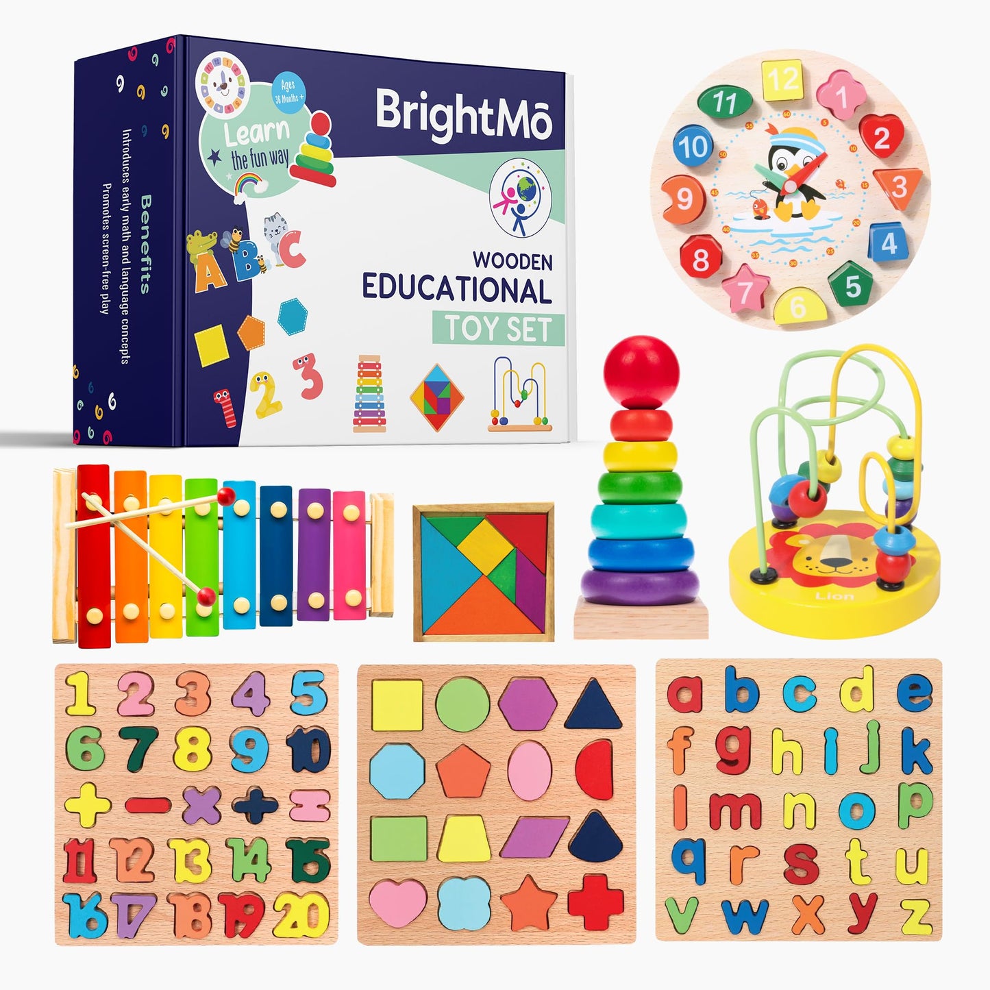 BrightMō 8-in-1 Montessori Wooden Activity Toy for 3 Year Old Boys & Girls – Alphabet, Numbers, Shape Sorting & Xylophone – Preschool Educational Learning Set