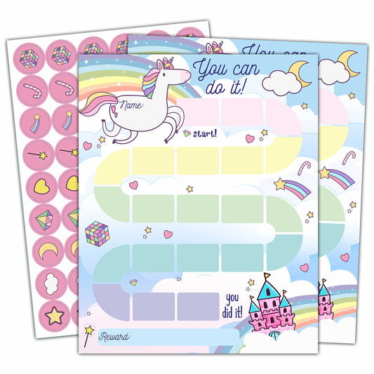 10 Unicorn Reward Chart with 216 Round Stickers, Incentive Behavior Chart for Kids at Home Classroom, Kids Routine Daily Chore Sticker Chart-A01