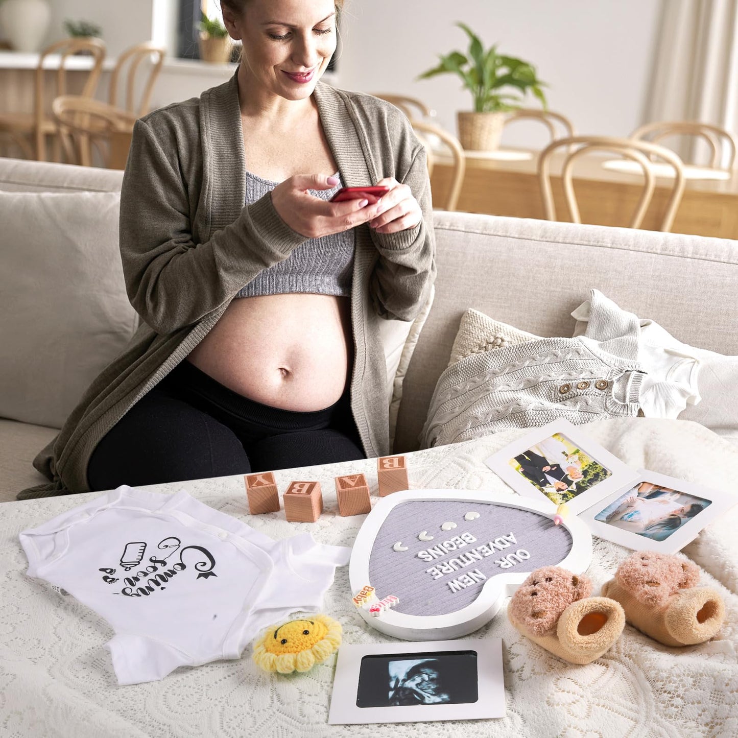 Pregnancy Announcement, Coming Soon Baby Announcements Ideas Set Include Felt Letter Board, Baby Onesie, Booties, Photo Frame and Wooden Blocks, Pregnancy Announcement Photo Props Gender Reveal Gifts