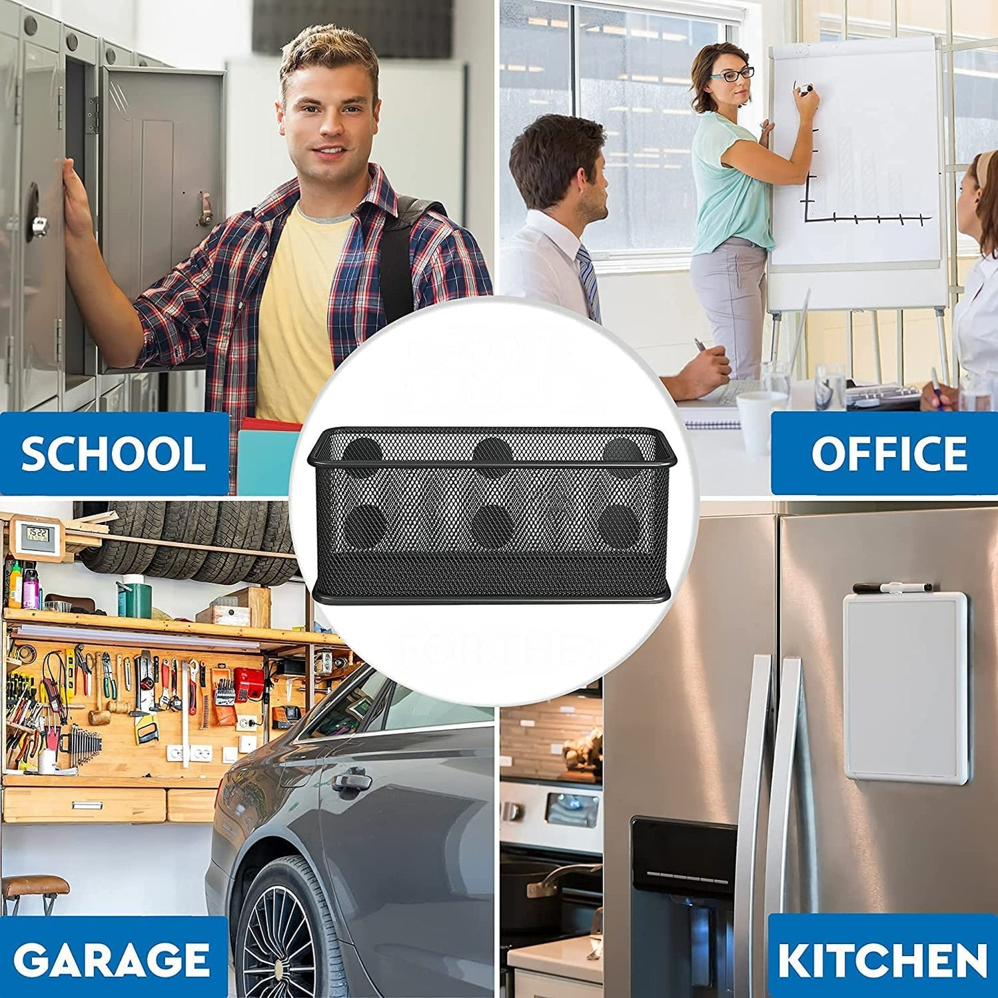 TAPBULL Mesh Magnetic Storage Baskets - Set of 2 (Black) with Anti-Slip Feature and Strong Magnets - Magnetic Locker Organizer and Pencil Holder for Whiteboard and Refrigerator (Black-2 pcs)
