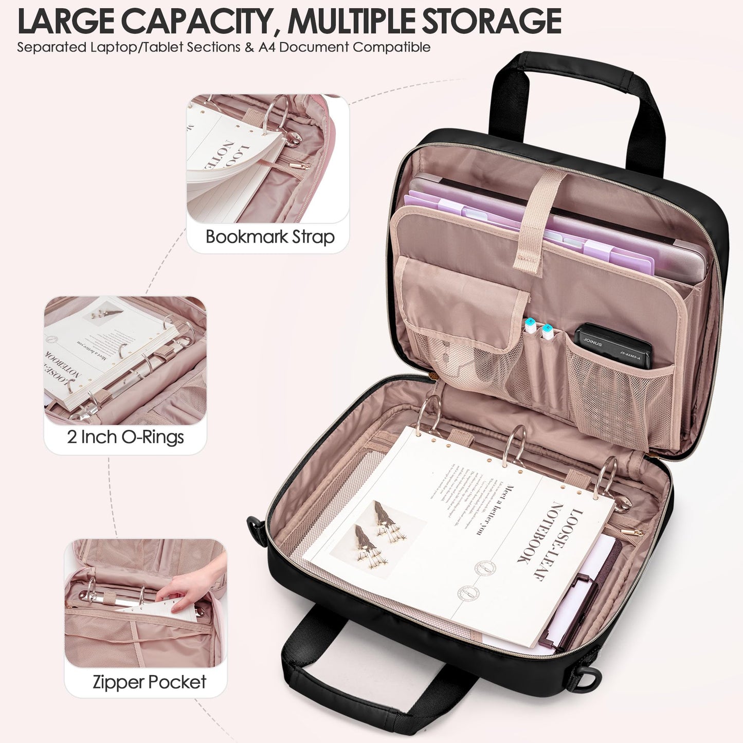 Prokva 3 Ring Zipper Binder, 2 Inch Ring Binder Organizer Bag with Shoulder Strap Fits 13 Inch Laptop and 500 Sheets, Black (Empty Bag Only)