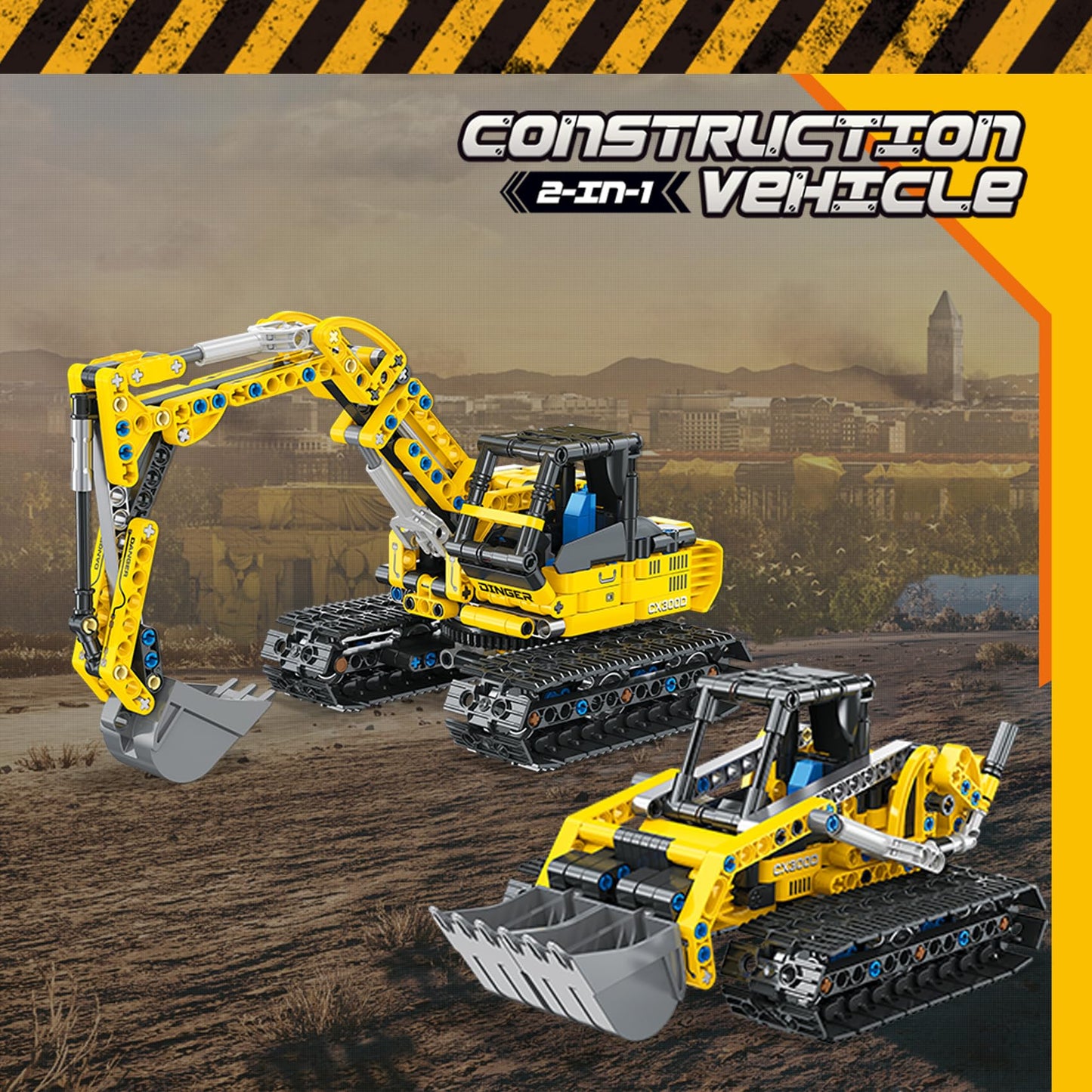 BeepZipp 2-in-1 Excavator & Bulldozer Building Kit - 399 Pieces STEM Educational Construction Toys for Kids, Creative Birthday Gift Idea
