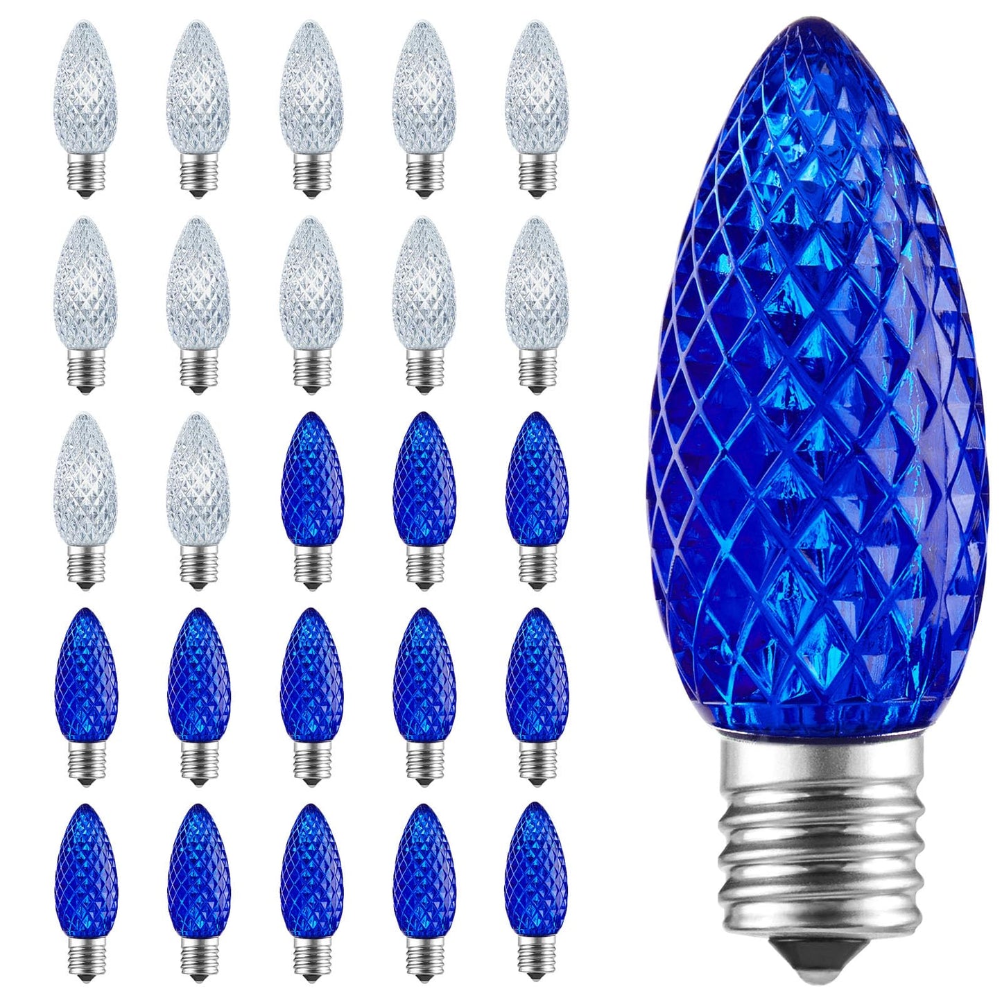 Minetom LED C9 Christmas Light Bulbs, 25 Pack, Dimmable, Blue and Pure White, Fits C9/E17 Base Sockets, Commercial Grade