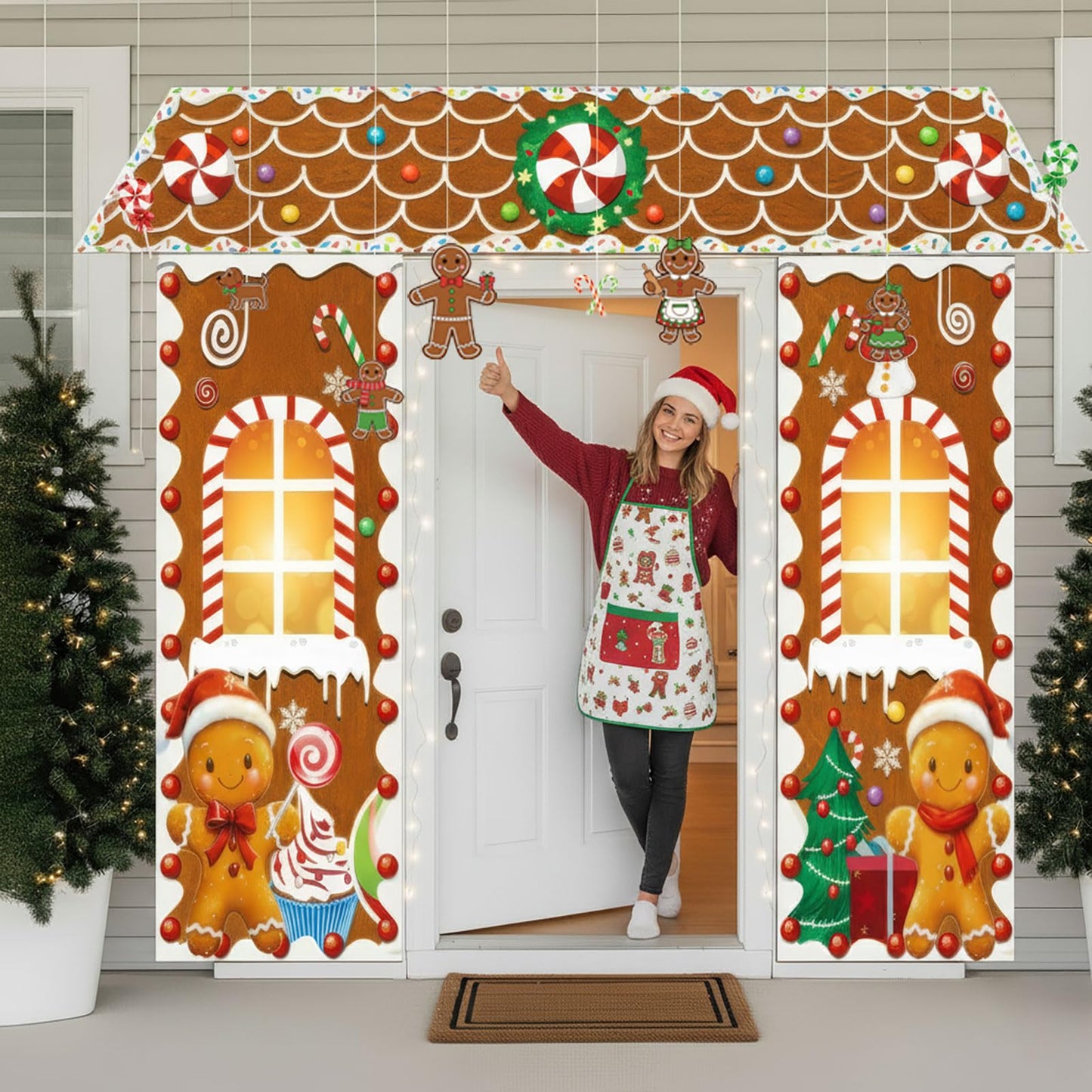 Christmas Gingerbread Door with lights Cardboard Cover Decorations,Gingerbread House Candy Porch Banner Sign for Xmas Holiday Classroom Office Home Party Decor