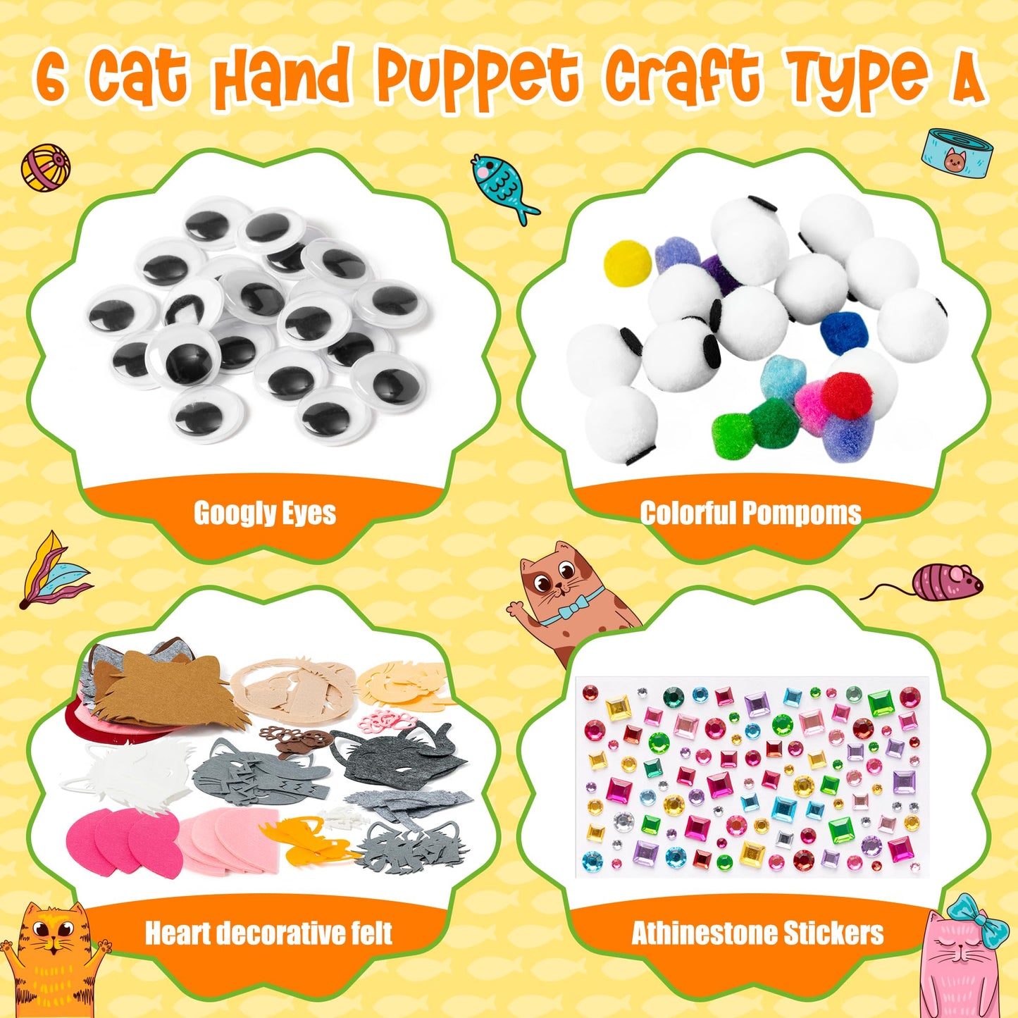 WATINC 6Pcs Hand Puppet Making Kit, Art Craft Felt Sock Puppet Toys, Creative DIY Make Your Own Pompoms Wiggle Googly Eyes Storytelling Role Play Party Supplies Gift for Girls Boys (Cat A)